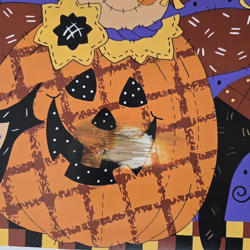 VTG Vinyl Happy Harvest Pumpkin Scarecrow Black Cat Farm Place Mat‎ Set of 2 90s